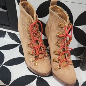 Tory Burch Beige Lace-Up Boots with Red Laces